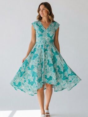 Perceptions Teal White Lace Faux Wrap Midi Dress Wedding Guest L
